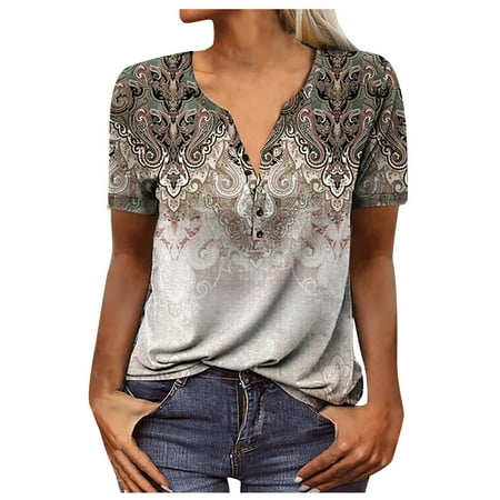 

RPVATI Long Sleeve Collar Shirts for Women Ethnic Print Womens Maternity Clothes Hide Tummy Henley Compression Shirt Women V Neck Womens Summer Blouses with Sleeves Light Brown XL