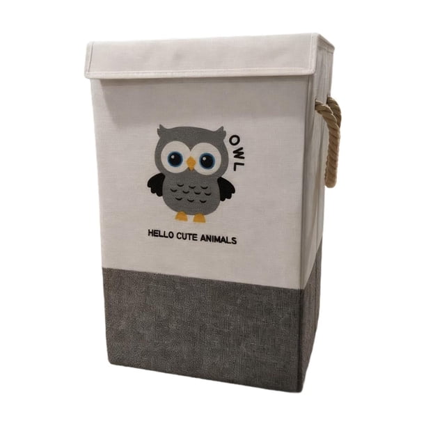 Contenedor plegable de lino y algodón con asa para juguetes, almohadas y ropa sucia. Búho
