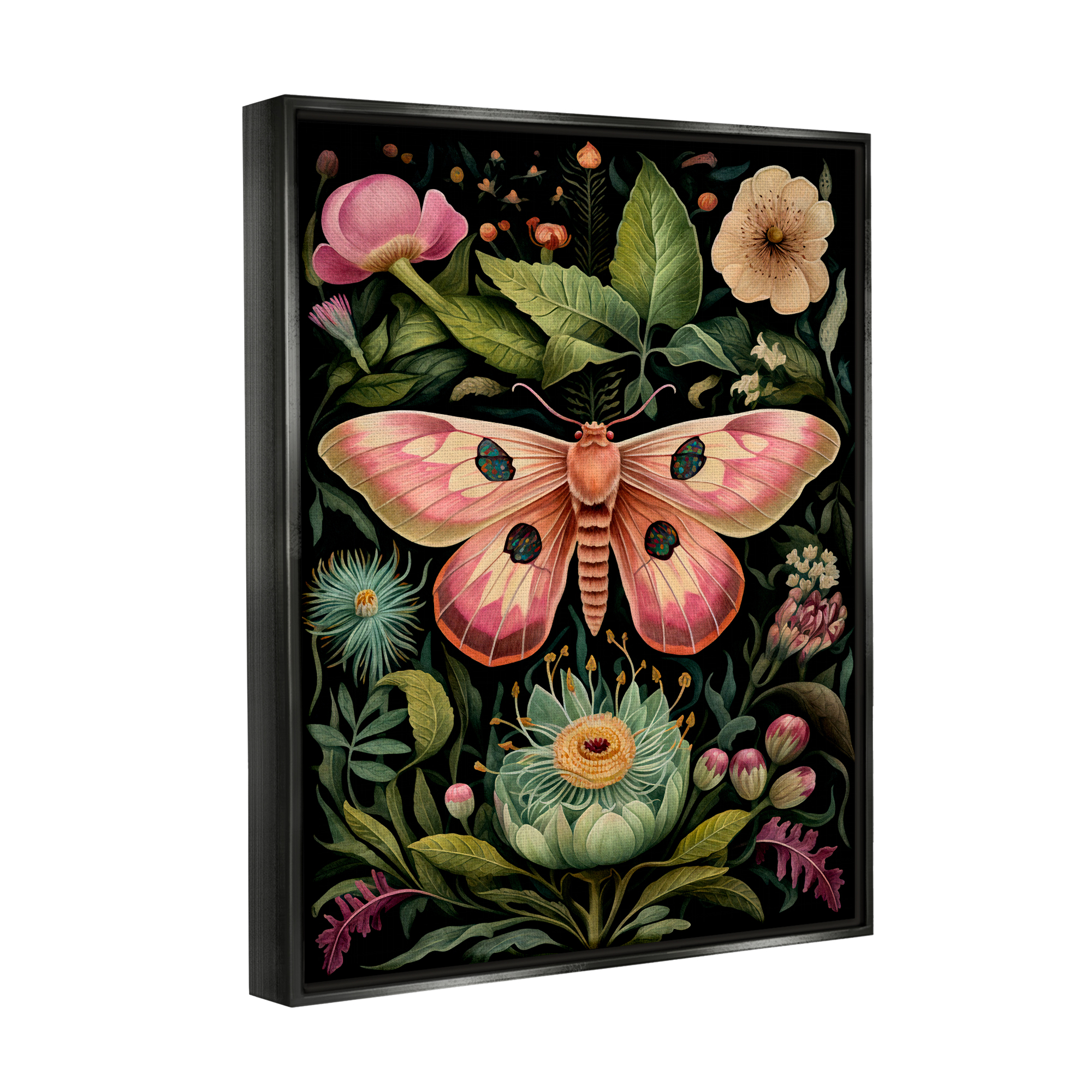Stupell Industries Vintage Botanical Moth Animals & Insects Painting Black Floater Framed Canvas Art Print Wall Art, 17 x 21