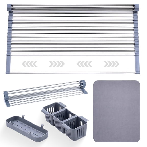 Havenity Roll Up Dish Drying Rack with Drying Mat Up to 22.8''with 2 Storage Baskets, Large Dish Racks Multipurpose Foldable Stainless Steel Over Sink Kitchen Drainer Rack for Cups Fruits Vegetables