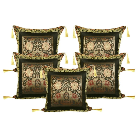 Stylo Culture Ethnic Brocade Decorative Throw Pillow Covers Black Gold 18 x 18 Jacquard Tassels Couch Cushion Covers 45x45 cm Polydupion Silk Zippered Elephant Square Pillowcases | Set Of 5