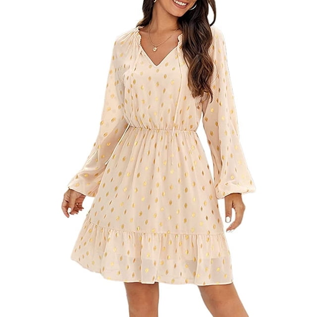 PENGXIANG Robes d'Invité de Mariage pour Femmes Automne Manches Longues à Volants Taille Haute Col en V à Nouer à Pois Robe Mini Évasée