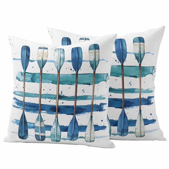 Lake Paddles Outdoor Waterproof Pillow Covers, Summer Watercolor Teal Blue Striped Decorative Square Throw Pillowcase Sofa Cushion Sham for Patio/Couch/Chair, 16"x16" 2 Pack