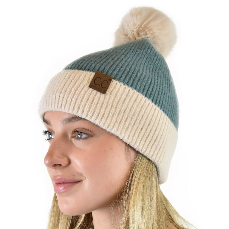 Winter Solid Dual Color Ribbed Knit Pom Cuff Beanie Hat, Steel
