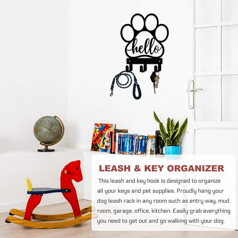 Dog Leash Holder for Wall Leash Holder Wall Mount Dog Stuff Storage Organizer Wall Mount with Hello Dog Leash Dog Stuff Key Organizer Wall for Entryway Dog Paw Shape Leash Hook Black
