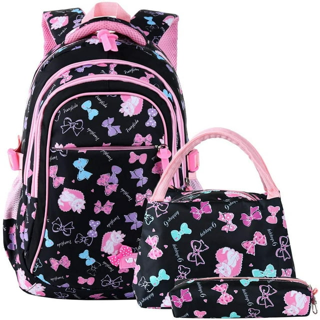 Sac d'École, Sac à Dos d'École pour Filles, Sac d'École, Sac à Dos, Sac de Jour pour Enfants, 3 Pcs pour l'École et les Loisirs, Noir