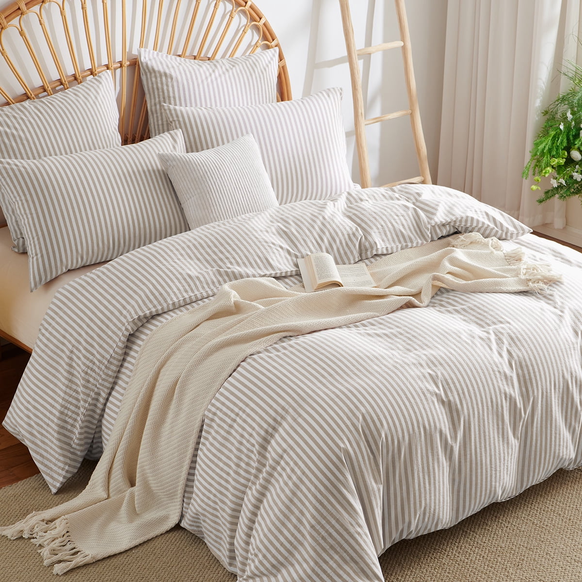 JOLUSERE 100% Organic Cotton Striped Duvet Cover Twin Set, 2-Piece Linen Like Textured Breathable Bedding Cover（Beige& White Classic Stripes）