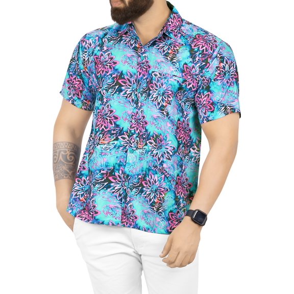 HAPPY BAY Men's Hawaiian Shirts Short Sleeve Button Down Shirt Floral Shirt Men Casual Holiday Summer Tropical Island Shirts for Men Funny L Allover Lotus, Blue