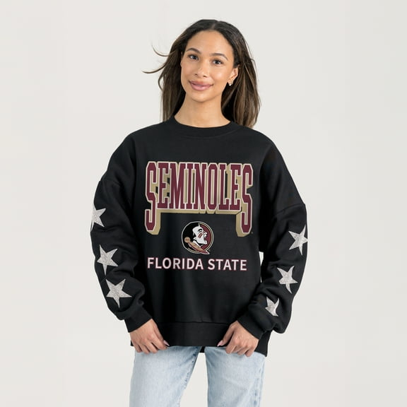 Women's Gameday Couture  Black Florida State Seminoles Pure Victory Relaxed Rhinestone Pullover Sweatshirt
