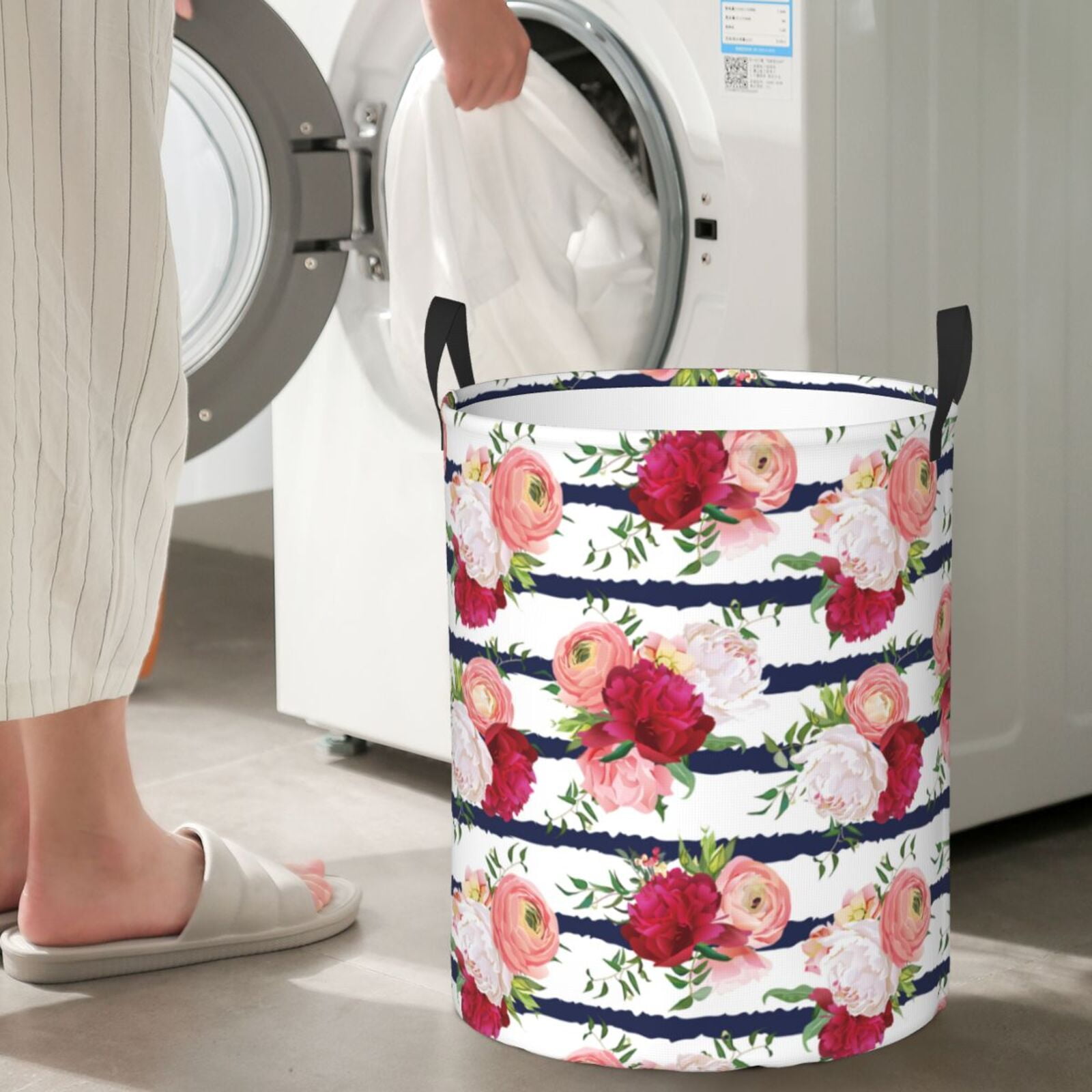 Large Laundry Basket with Handles - White Pink Red Carnations Flowers Kids Baby Dirty Clothes Laundry Hamper for Bedroom Aesthetic