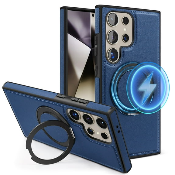 ELEHOLD Leather Case for Samsung Galaxy S22 Plus,Strong Magnetic Compatible with Mag Safe 360 Rotation Ring Kickstand Function Anti-Scratches Protective Case for Samsung Galaxy S22 Plus,Blue