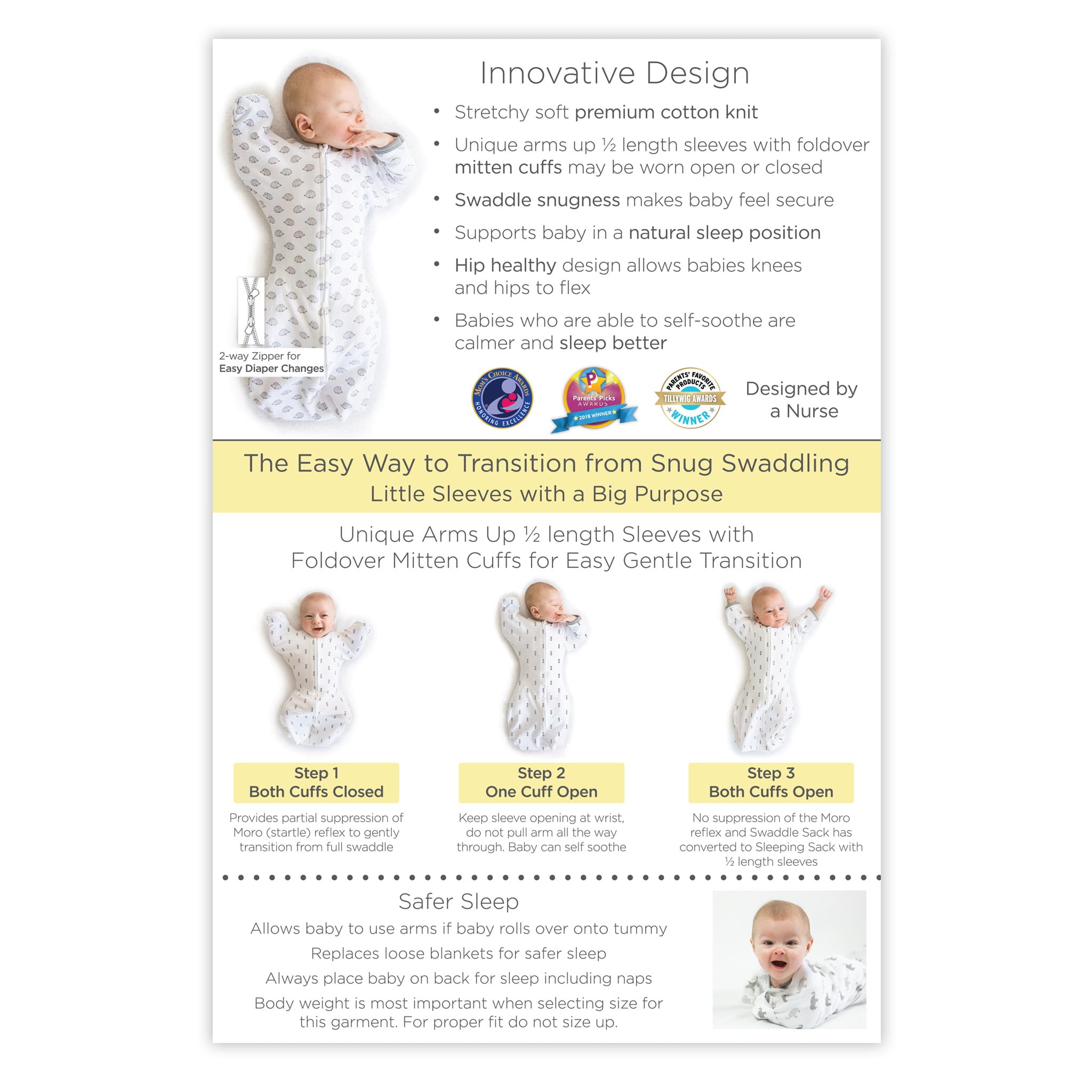 SwaddleDesigns Transitional Swaddle Sack with Arms Up Half-Length Sleeves and Mitten Cuffs 0-3mo 6-14 lbs Bella Pink Parents Picks Award Winner Small 