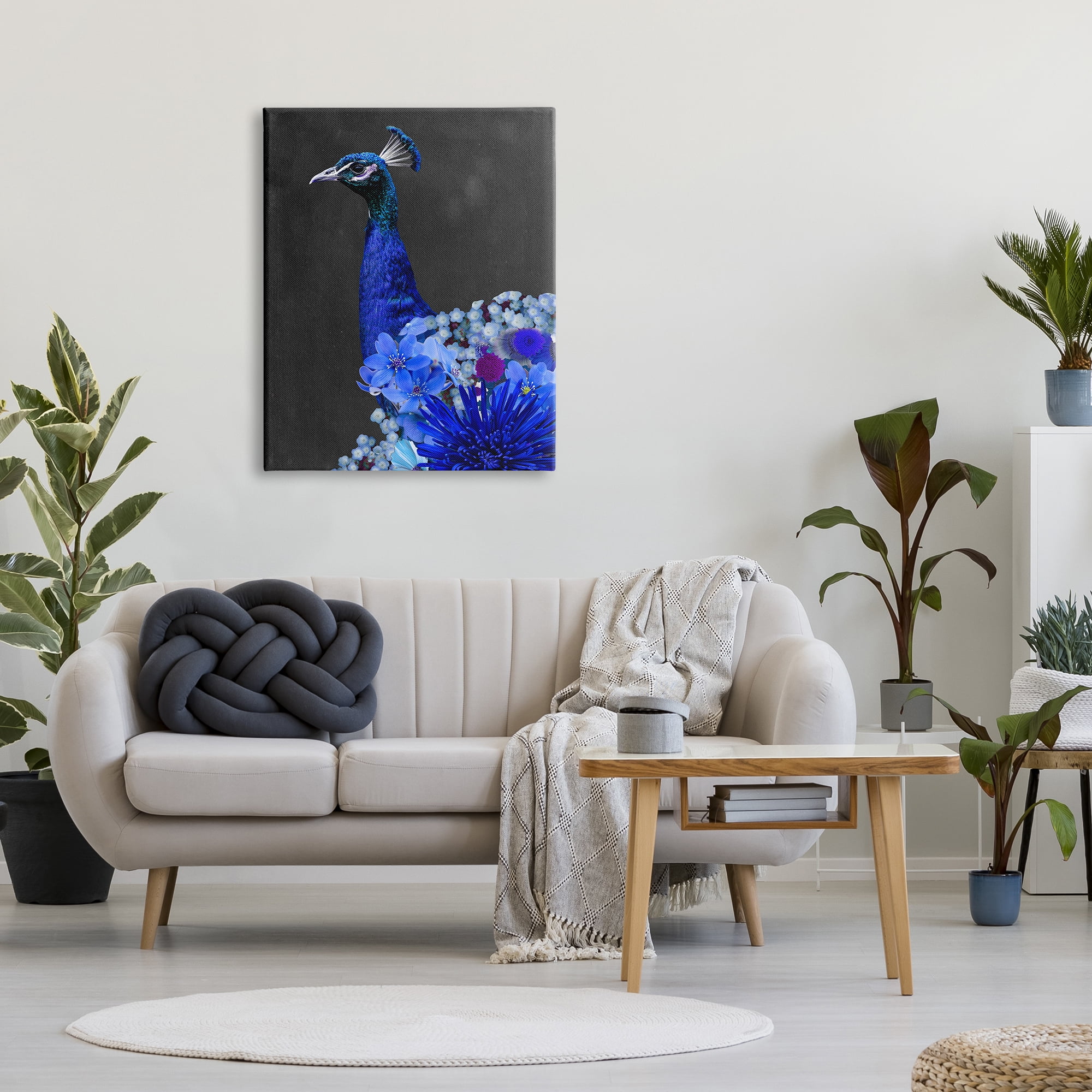 Stupell Industries Vibrant Blue Floral Peacock Animals & Insects Painting Gallery Wrapped Canvas Art Print Wall Art, 30 x 40