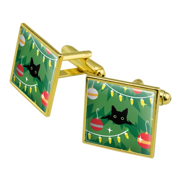 Black Cat Hiding in Christmas Tree Square Cufflink Set - Silver or Gold
