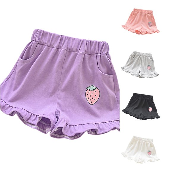 CUZIBR Girls Summer Shorts Casual Elastic Waist Ruffle Hem Shorts With Cute Strawberry Summer Bottoms Casual Pull On Toddler Kids Short Pants Comfy Playwear,Purple,5-6 Years