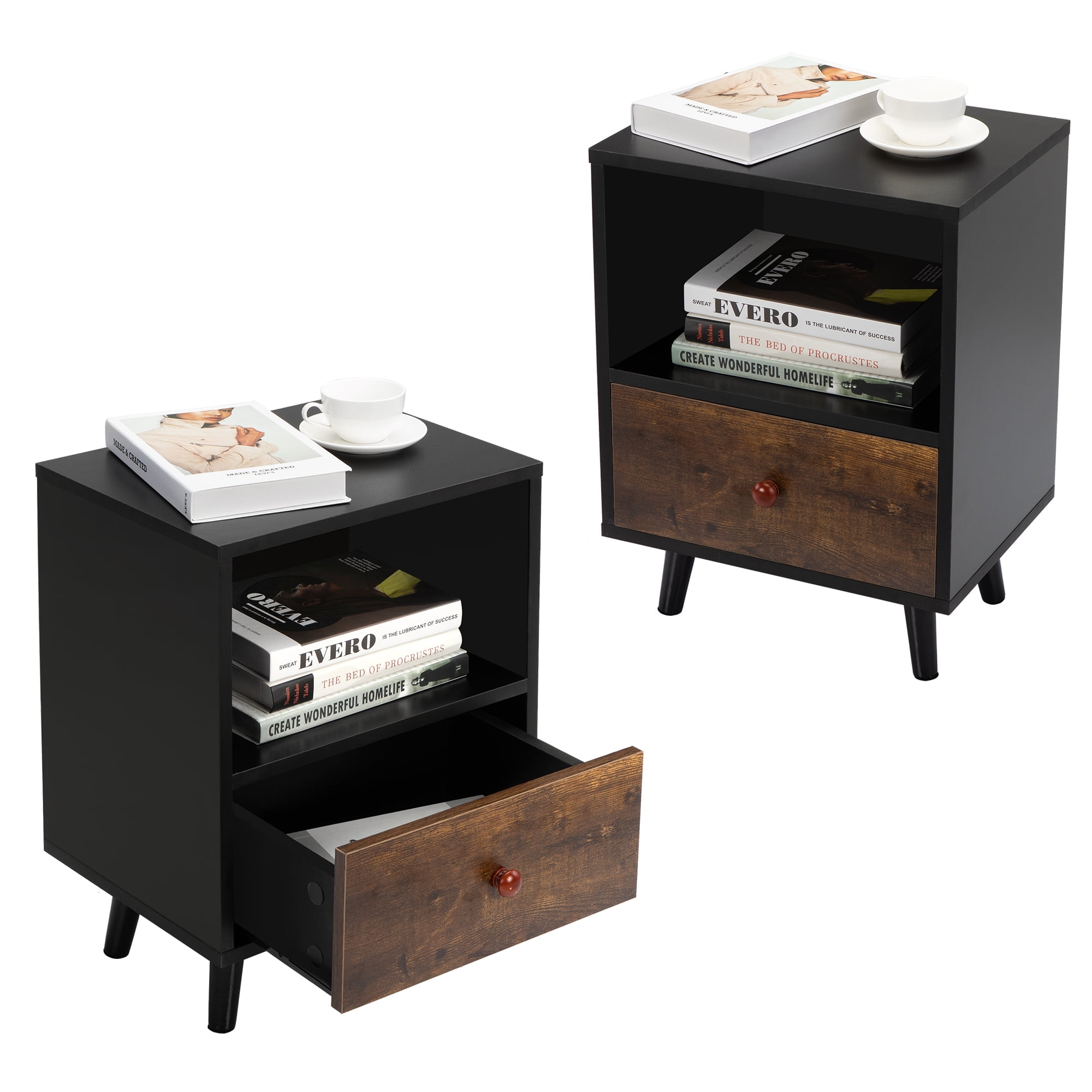 Kadyn Night Stand Set of 2 for Bedroom, Modern Bedside Table with a Drawer for Nursery, Solid Wood Sofa Side End Table for Bedroom with Legs, Black Kadyn Night Stand Set of 2 for Bedroom, Modern Bedside Table with a Drawer for Nursery, Solid Wood Sofa Side End Table for Bedroom with Legs, Black