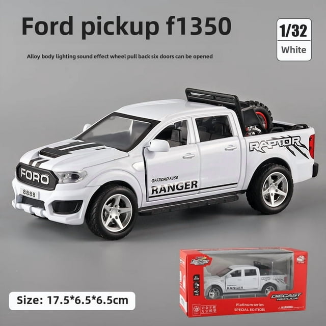 White 1:32 Scale Ford F350 Alloy Pickup Truck Model with Detachable Spare Tire, Back Force Function, Flashing Lights & Sound Effects – Interactive Educational Toy for Kids 7-14, Boxed Packaging Ideal
