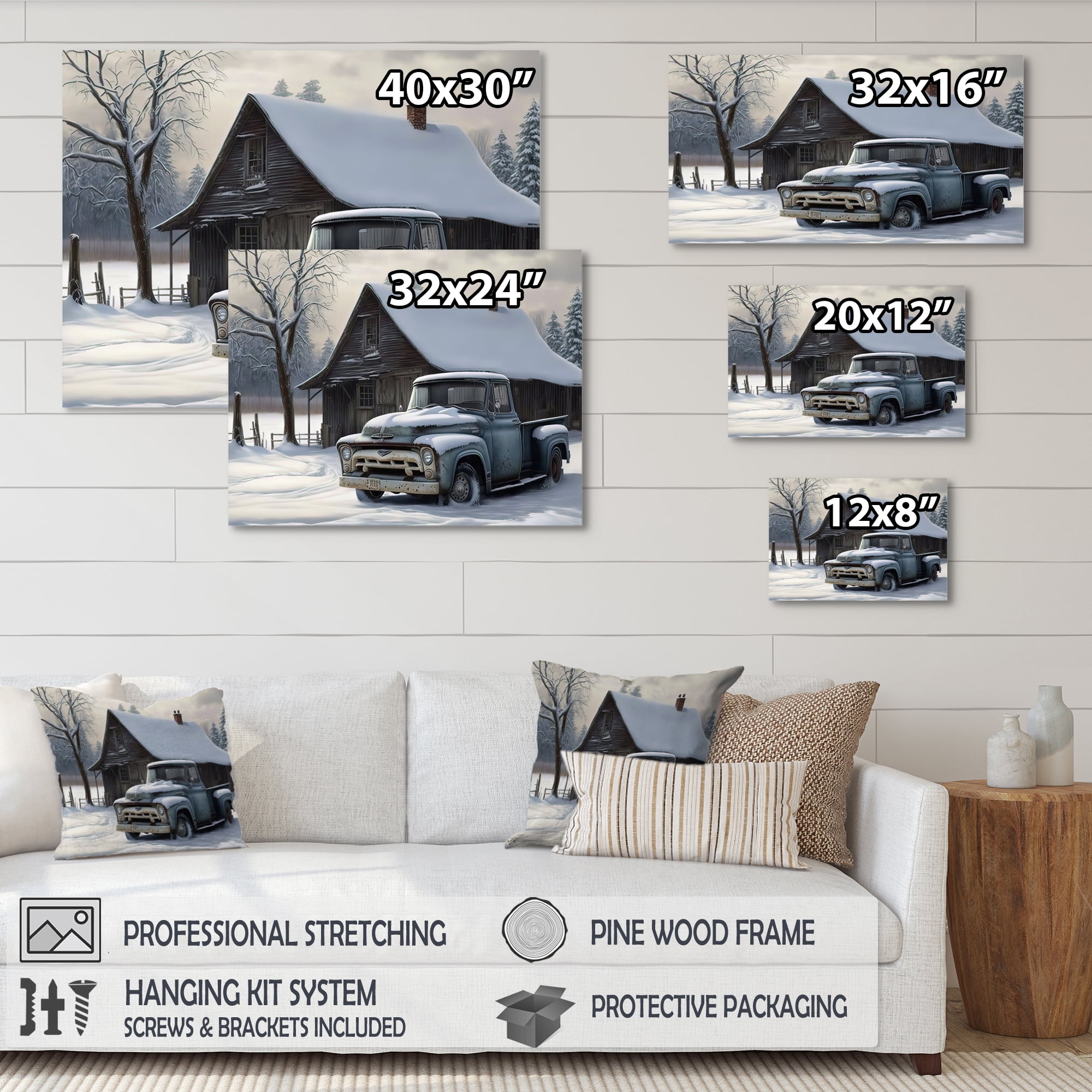 Designart Old Truck At The Barn In Winter III Canvas Wall Art