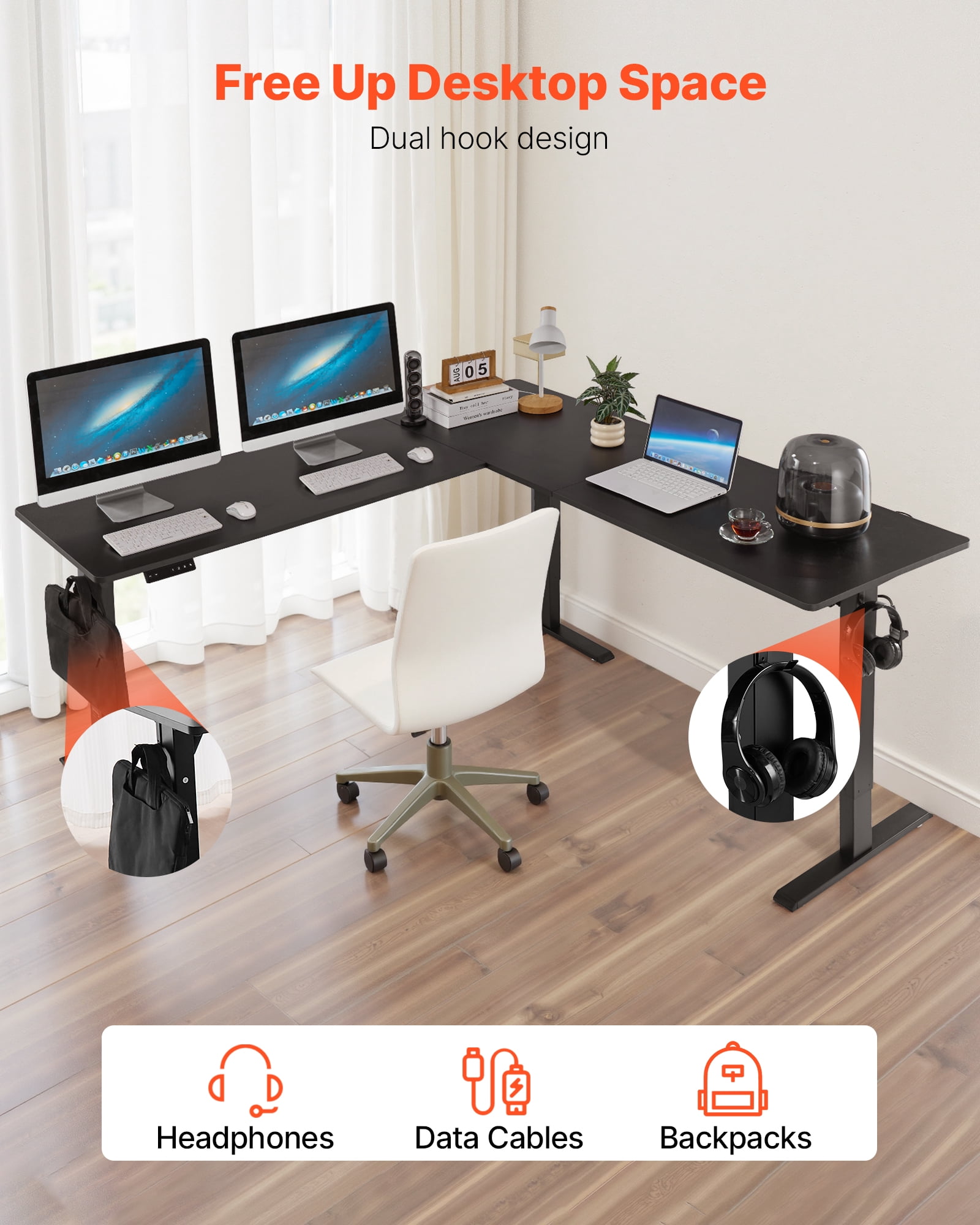 VEVOR L Shaped Desk, Electric Adjustable Height Corner Gaming Desk with Dual Hooks, Heavy Duty Carbon Steel L-Shaped Computer Table with Power Outlets for Home, Office, Study, Easy to Assemble