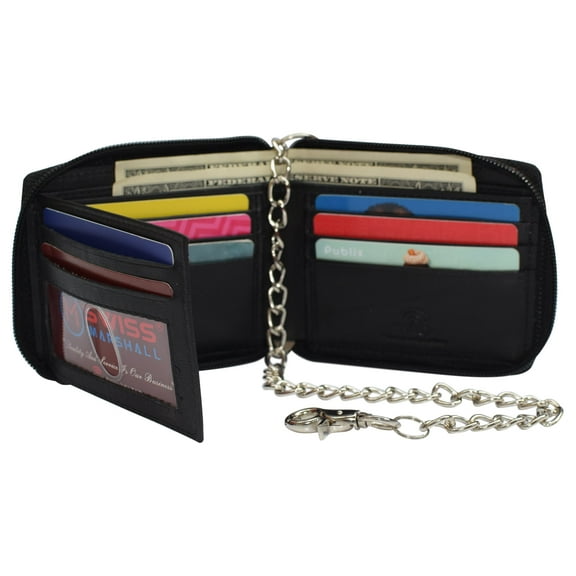 Swiss Marshall Men's Zipper RFID Blocking Premium Leather Zip-Around ID Bifold Wallet