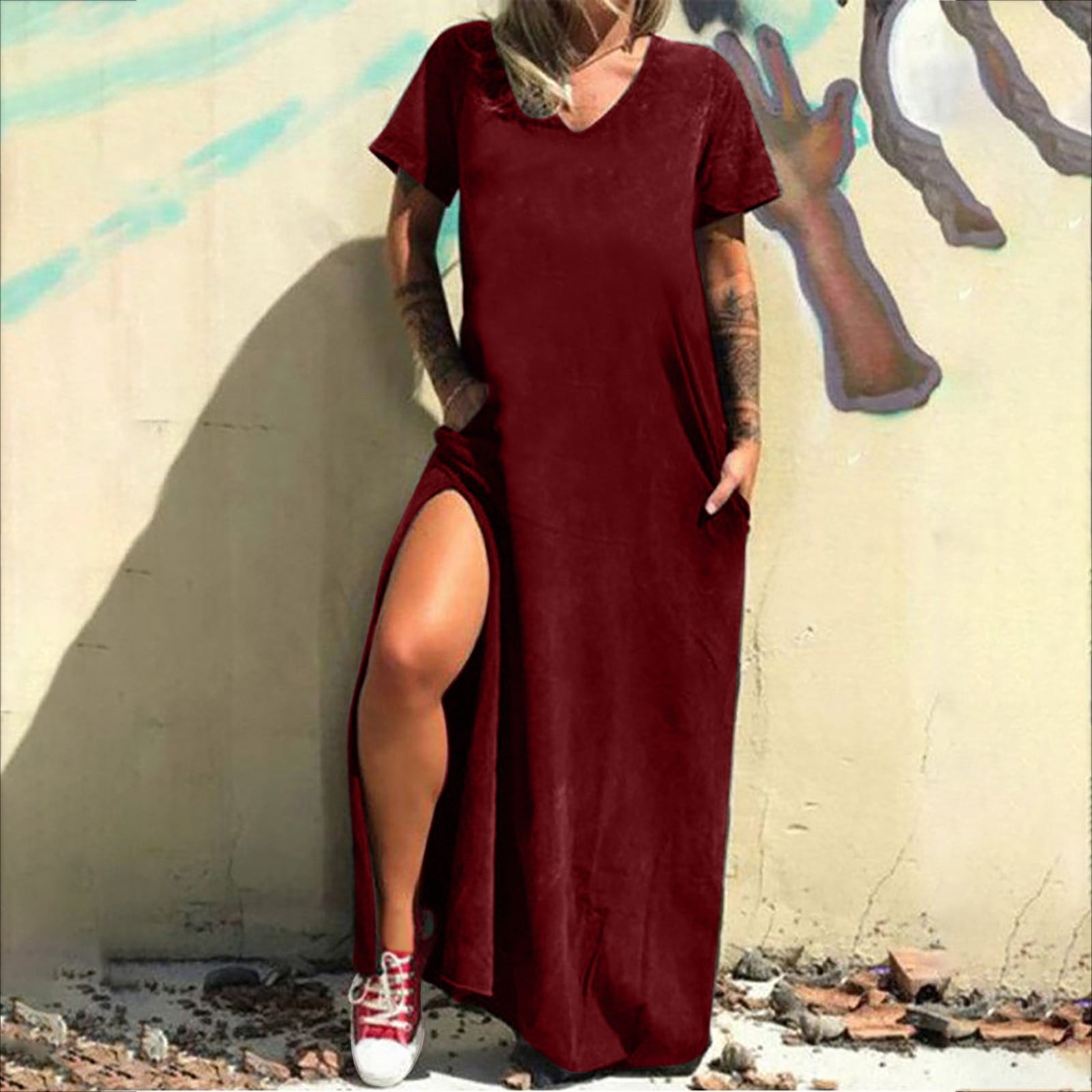 Women's Casual Loose Pocket Long Dress Short Sleeve Split Maxi Dresses  Fashion Printed V Neck Comfy Daily Long Dress - Walmart.ca