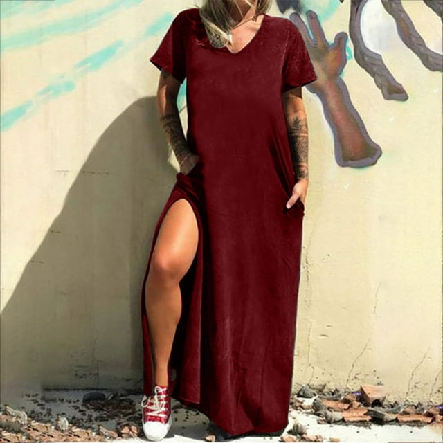 SMihono Robe Maxi Bohème d'Été pour Femmes Grande Taille Robe Décontractée d'Été pour Femmes Col Rond Solide Sexy avec Poches Manches Courtes Longue Robe de Plage