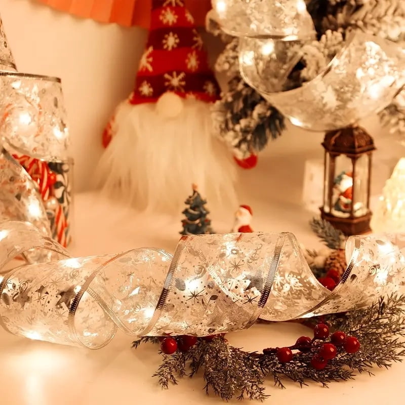 100 LED Battery-powered Christmas Tree, Christmas Tree With 32 Feet Of Ribbon, Golden Wire Ribbon, Christmas Tree Decorations, Christmas Ribbon Lights