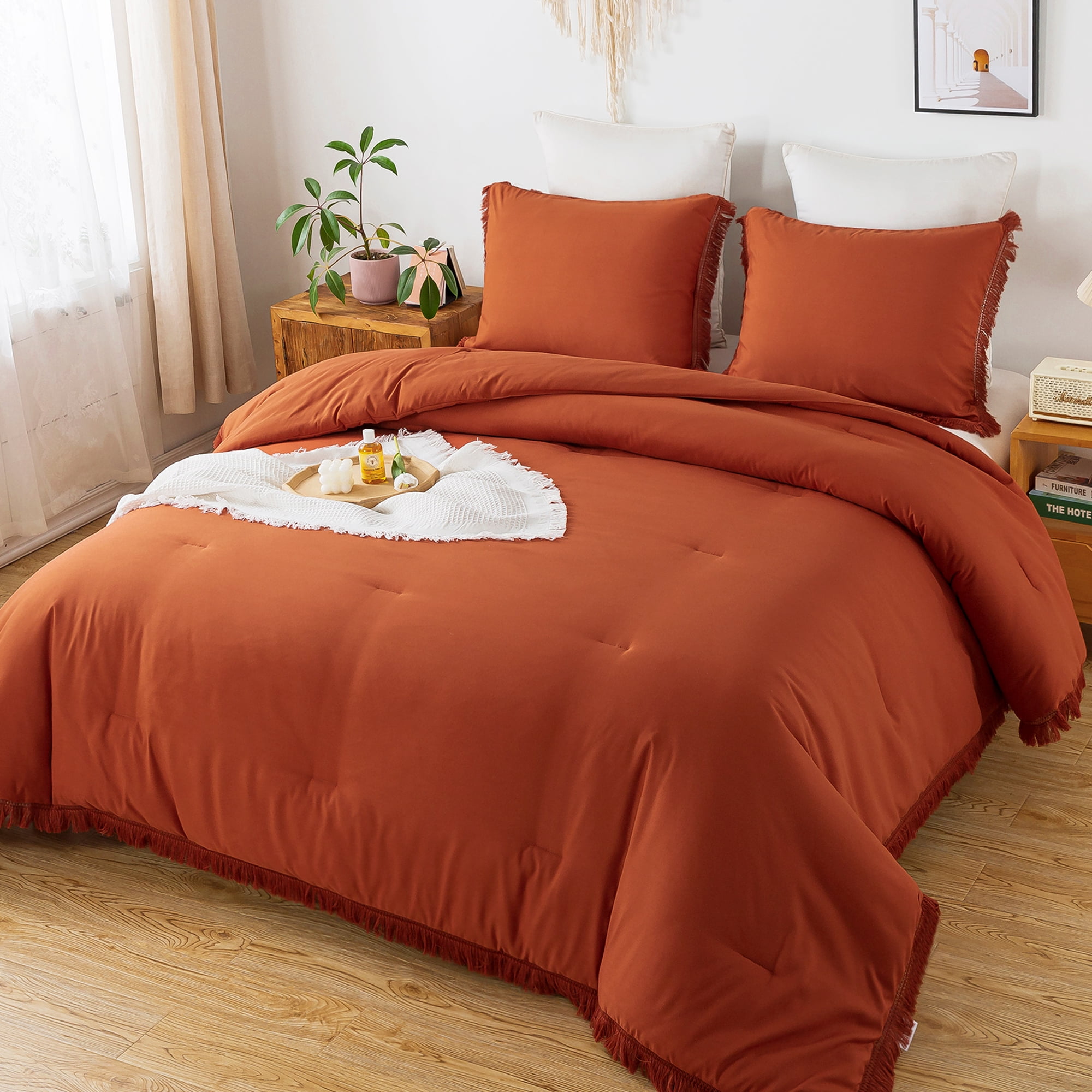 Andency California King Comforter Sets Burnt Orange, 3 Pieces Boho Tassel Terracotta Oversized Fall Bedding Comforter Sets, All Season Soft Fluffy Rust Down Alternative Bed Set