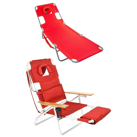 Ostrich Chaise Beach Lounger  & Deluxe 3in1 Padded Sports Chair, Red