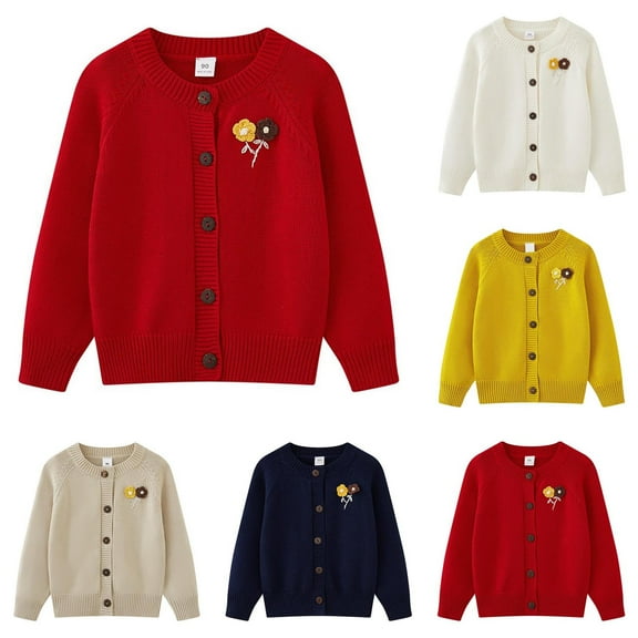 Avtoify Girls Jacket Casual, Girls Fall Jacket Lightweight Leisure, 2-12 Years Old Children's Fashion Floral Embroidered Button Round Neck Sweater Cardigan Long Sleeve Hooded Casual Jacket/Coat