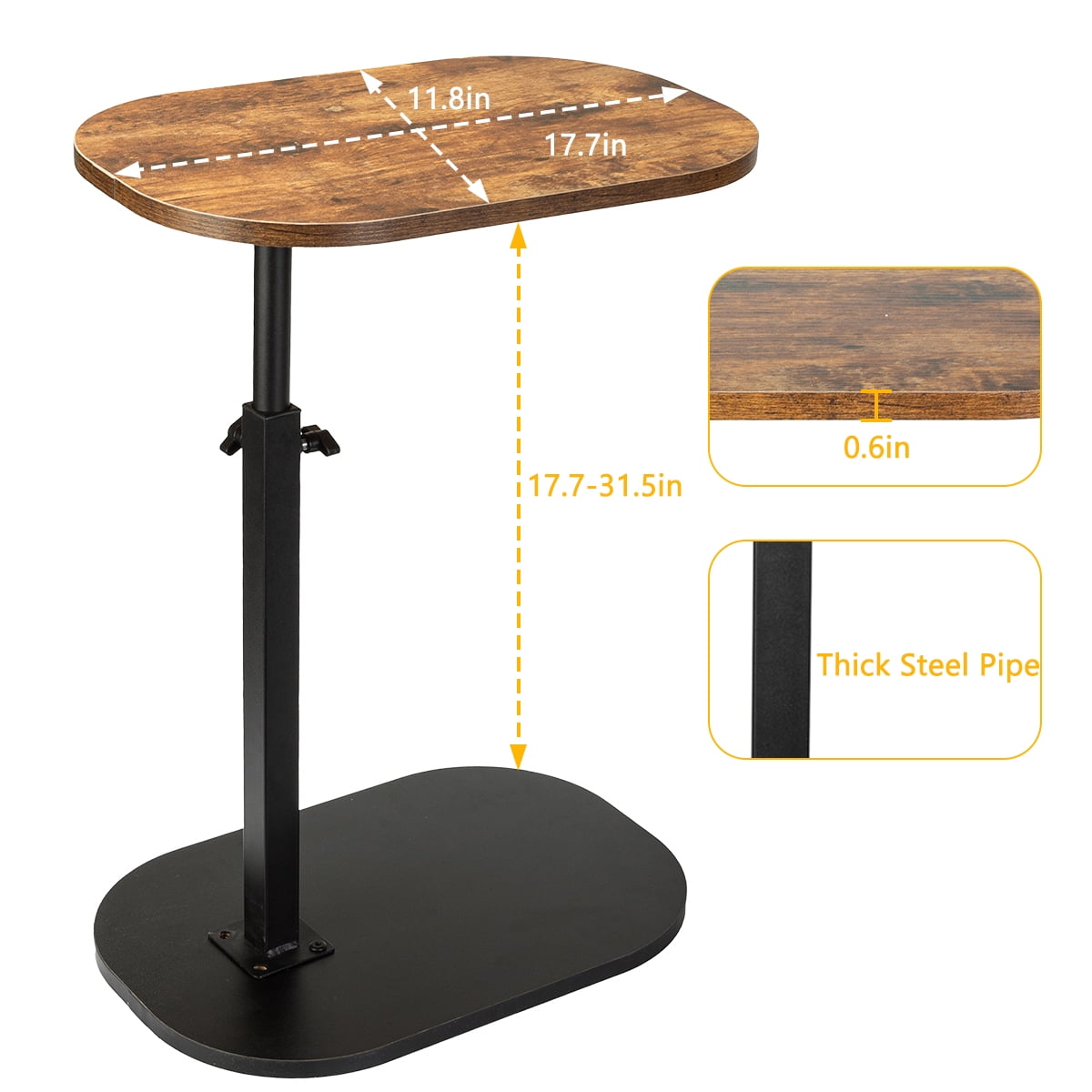 SolarSoda C Shaped Side Table, 360° Swivel End Table for Living Room, Height Adjustable(Brown)