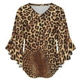 thumbnail image 5 of Brown Black Leopard Print Fabric Women's V-Neck Blouse With 3/4 Ruffled Bell Sleeves Casual Top Ladies Blouses, 5 of 7