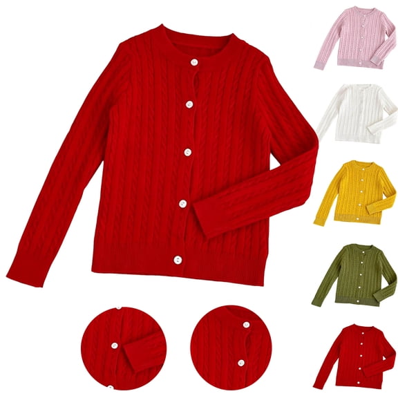 WAVSUF Girls Cardigan Button Front Long Sleeve Soft Stretch Fall School Sweater Red 10-12