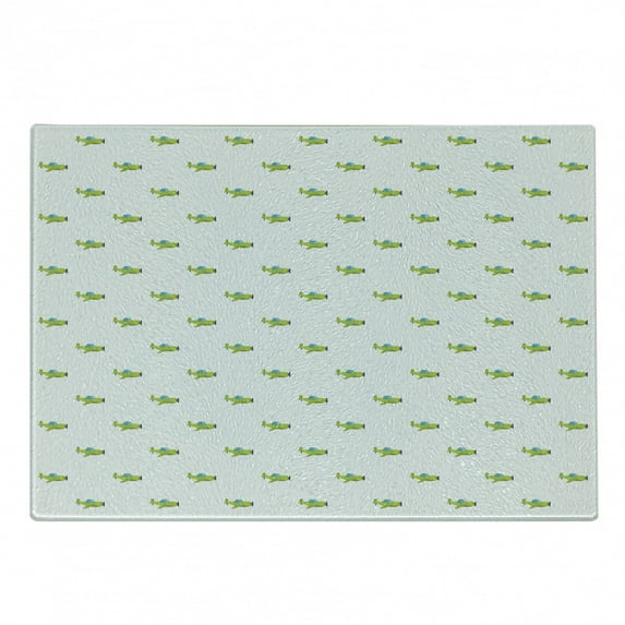 Cartoon Airplane Cutting Board, Green Boys Toy Aircraft Repetitive Planes, Decorative Tempered Glass Cutting and Serving Board, Small Size, Apple Green Pale Blue, by Ambesonne