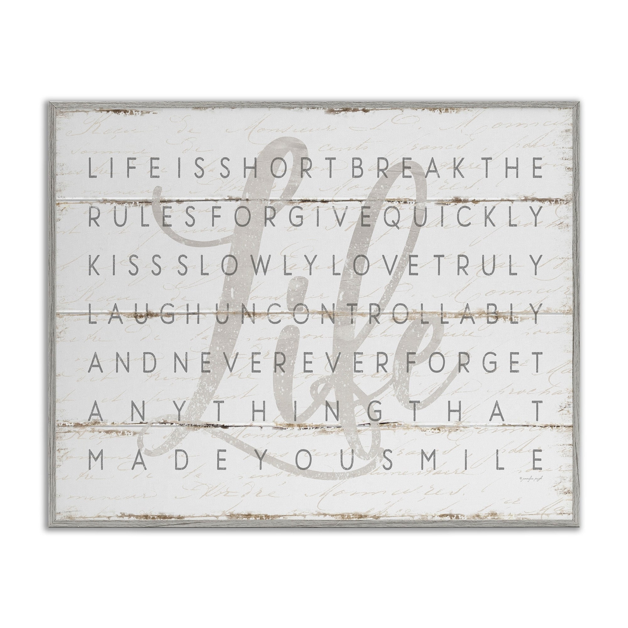 Stupell Industries Life Is Short Smile Grey on White Planked Look, 24 x 30,Design by Jennifer Pugh
