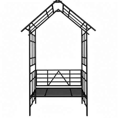 Metal Garden Arch with Bench & Convertible Flower Stand - Black Outdoor Trellis for Climbing Plants Rose Arch (58 W x 97 H)