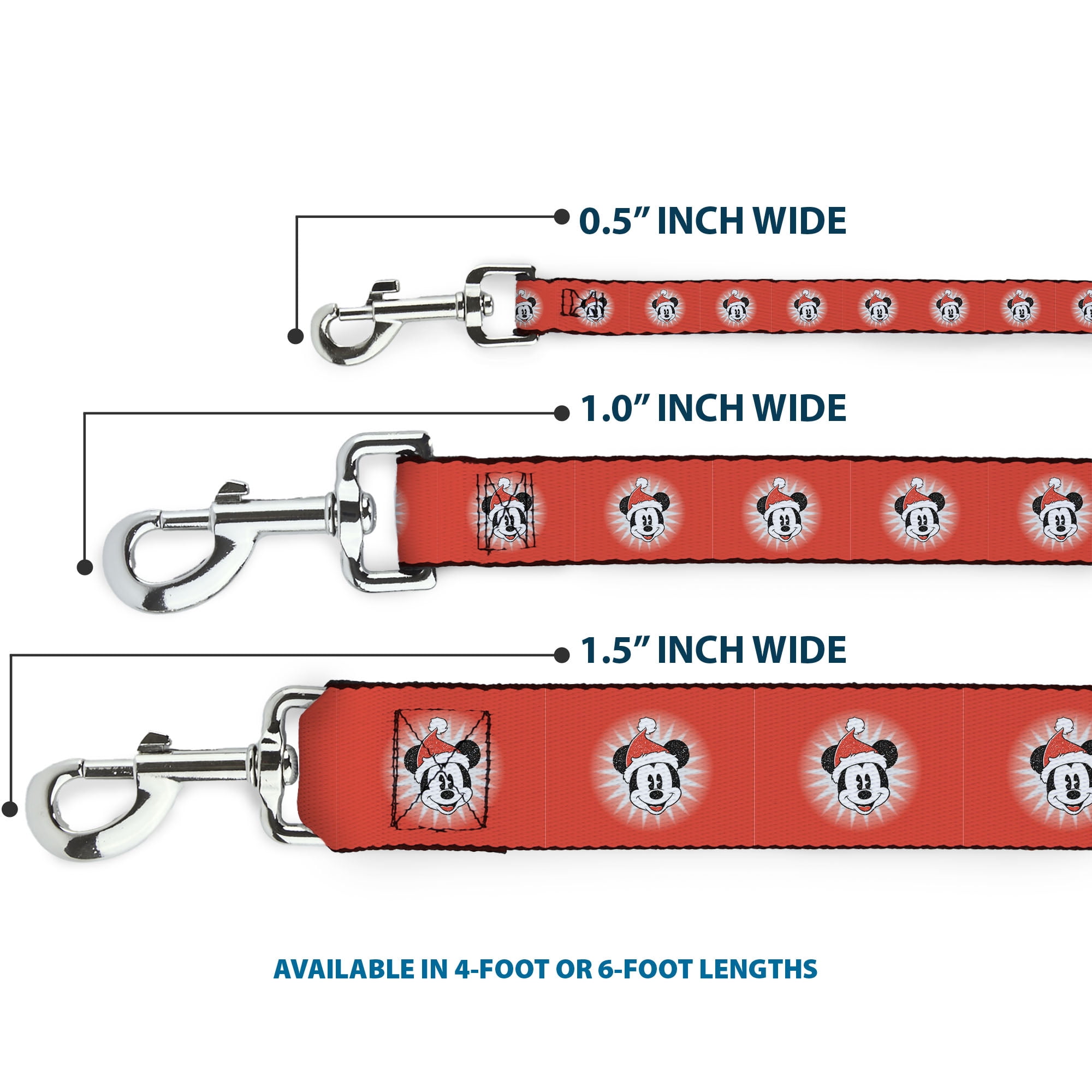 Disney Pet Leash, Dog Leash, Christmas Holiday Mickey Mouse Face Starburst Red, 6 Feet Long 1.0 Inch Wide