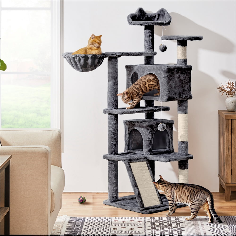 Yaheetech 57.4''H Cat Tree Tower Cat House with 2 Condos, Scratching Posts, Ramp, Dark Gray