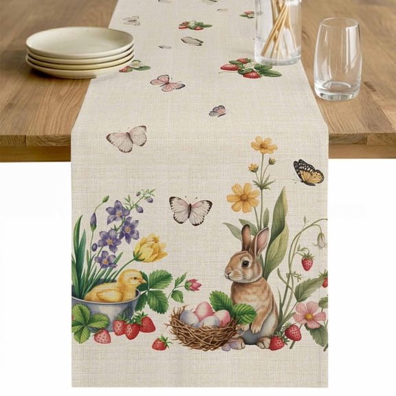 Spring Easter Table Runner 90 Inches Long Farmhouse Dress Scarves, Country Bunny Chick Floral Butterflies Burlap Dining Tablerunner for Coffee Table/Kitchen Island/Party Décor, 13" x 90"