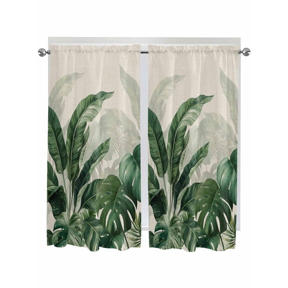 Palm Leaves Tropical Bathroom Window Curtain, Green Botanical Summer Linen Light Filtering Coffee Kitchen Curtains, Bedroom Living Room Curtains 2 Panel 84"x63"
