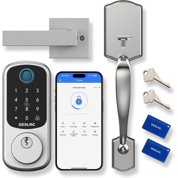 DESLOC B200 Silver Keyless Entry Door Lock with Handle Set, Smart Locks for Front Door, Deadbolt Smart Lock, Front Door Lock Set, Electronic Keypad Deadbolt with Handle, 12 Months Battery, IP54