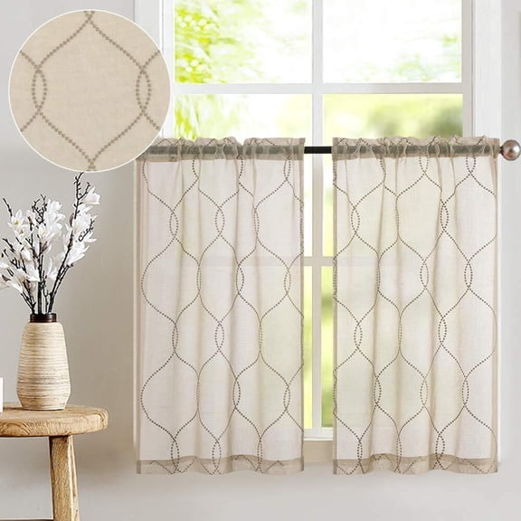 Curtainking Kitchen Curtains Farmhouse Embroidered Sheer Curtains 36 inch Moroccan Pattern Tier Cafe Curtains for Bathroom Rod Pocket 2 Panels Beige