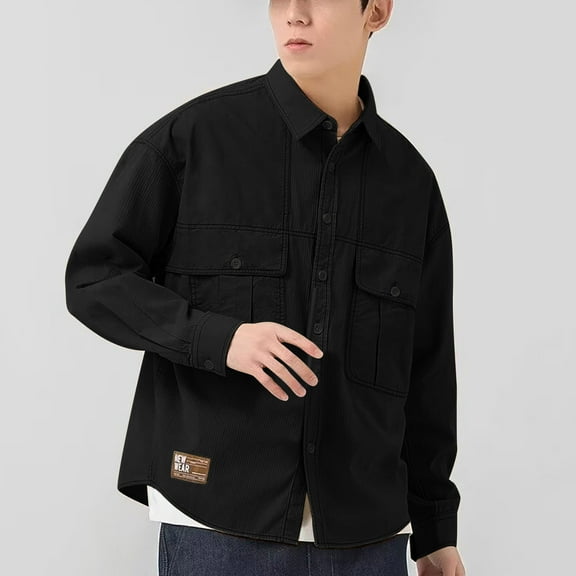 Aueoeo Men's Vintage Jackets Casual Button Up Shirt Lapel Collar Fashion Long Sleeve Cardigan Shirt With Multi Pockets Black XL