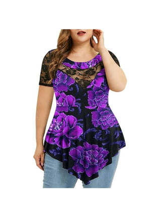Summer Savings Clearance 2023! pbnbp Plus Size Tops for Women Summer Casual  Floral Lace Patchwork Crewneck Dressy Blouses High-low Hem Short Sleeve  Shirts 