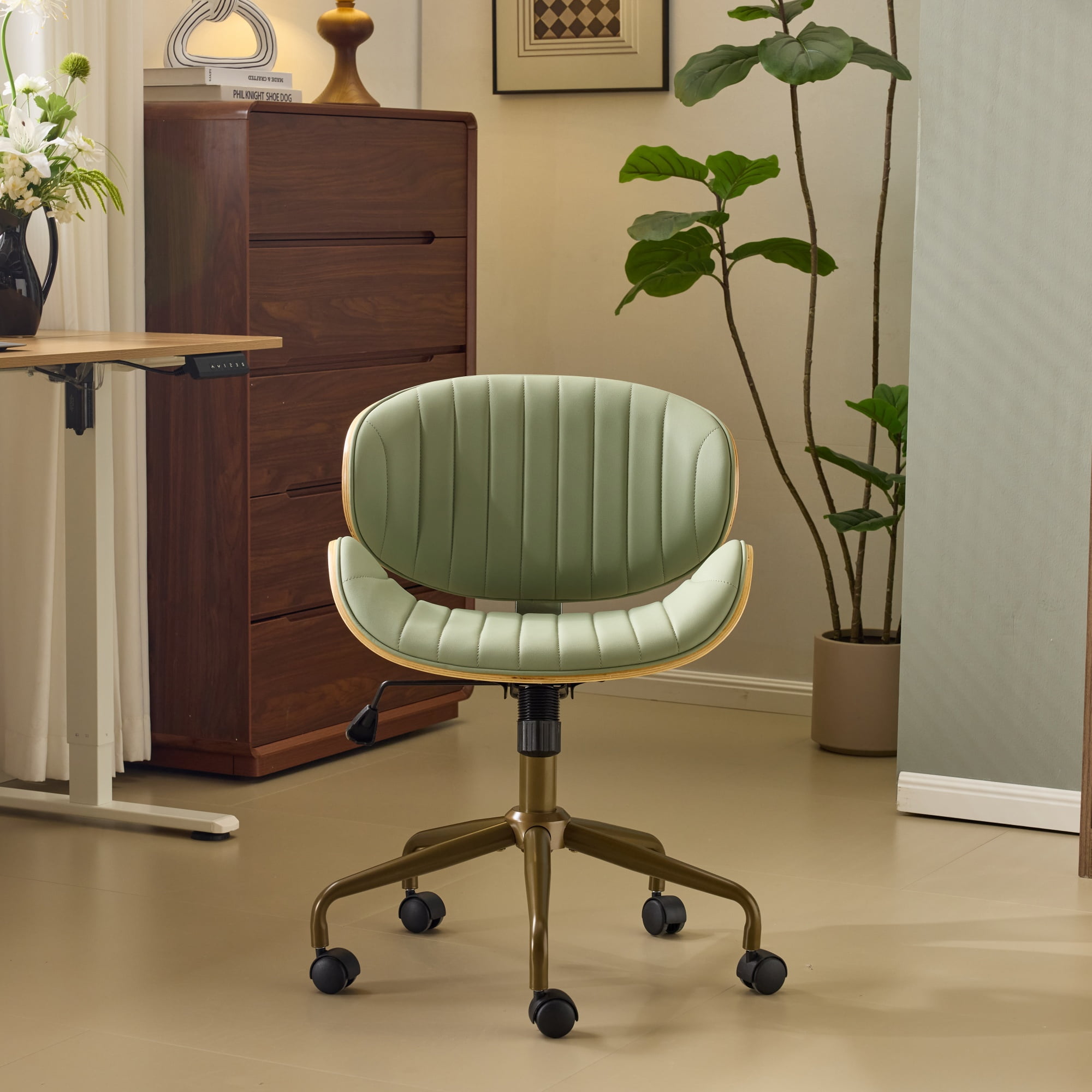 Ktaxon Armless Office Chair, Curved Wood Accent Desk Chair with Swivel Seat, PU Task Chair for Study, Makeup Vanity Green