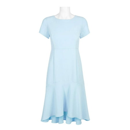 Avec Les Filles Crew Neck Short Sleeve Zipper Back Solid Crepe Dress-PALE BLUE / 2
