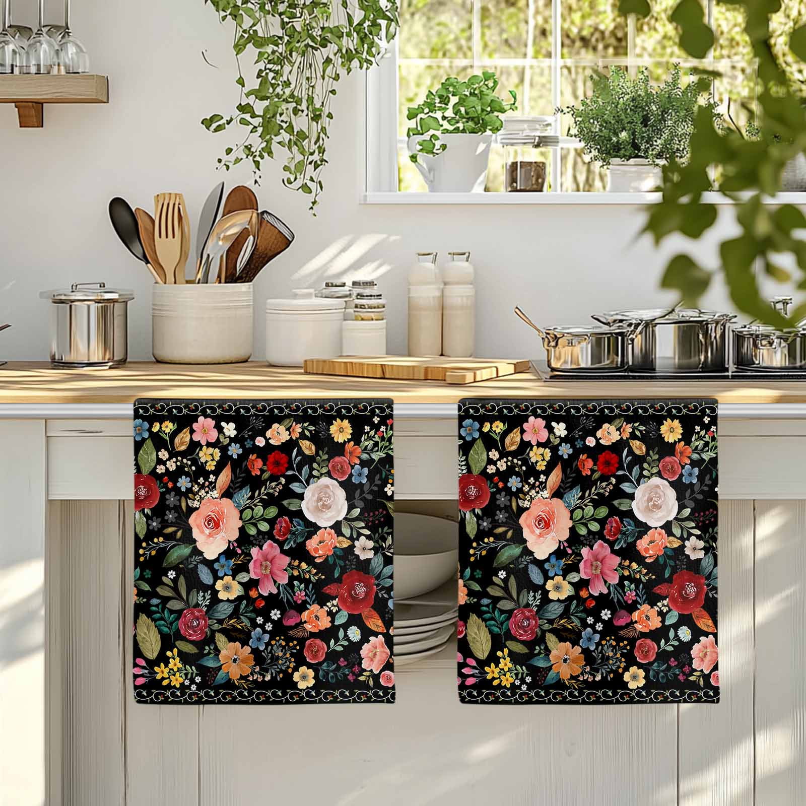Dish Towels, Black Floral Absorbent Kitchen Towels 2 PCS, Farmhouse Vintage Flower Microfiber Hand Towels Dish Cloths Tea Towels for Home&nbsp;Bathroom Cleaning Drying,18X28-Inch,