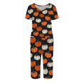 thumbnail image 4 of Women's Halloween Loungewear Set Short Sleeve Crew Neck Top and Capri Pants with Pockets All Over Ghost Pattern Breathable Soft Pajama Set for Daily Casual Wear Saffron M, 4 of 6