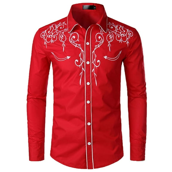 Men's Western Cowboy Shirts Long Sleeve Slim Fit Floral Embroideres Denim Casual Button Down Dress Shirt