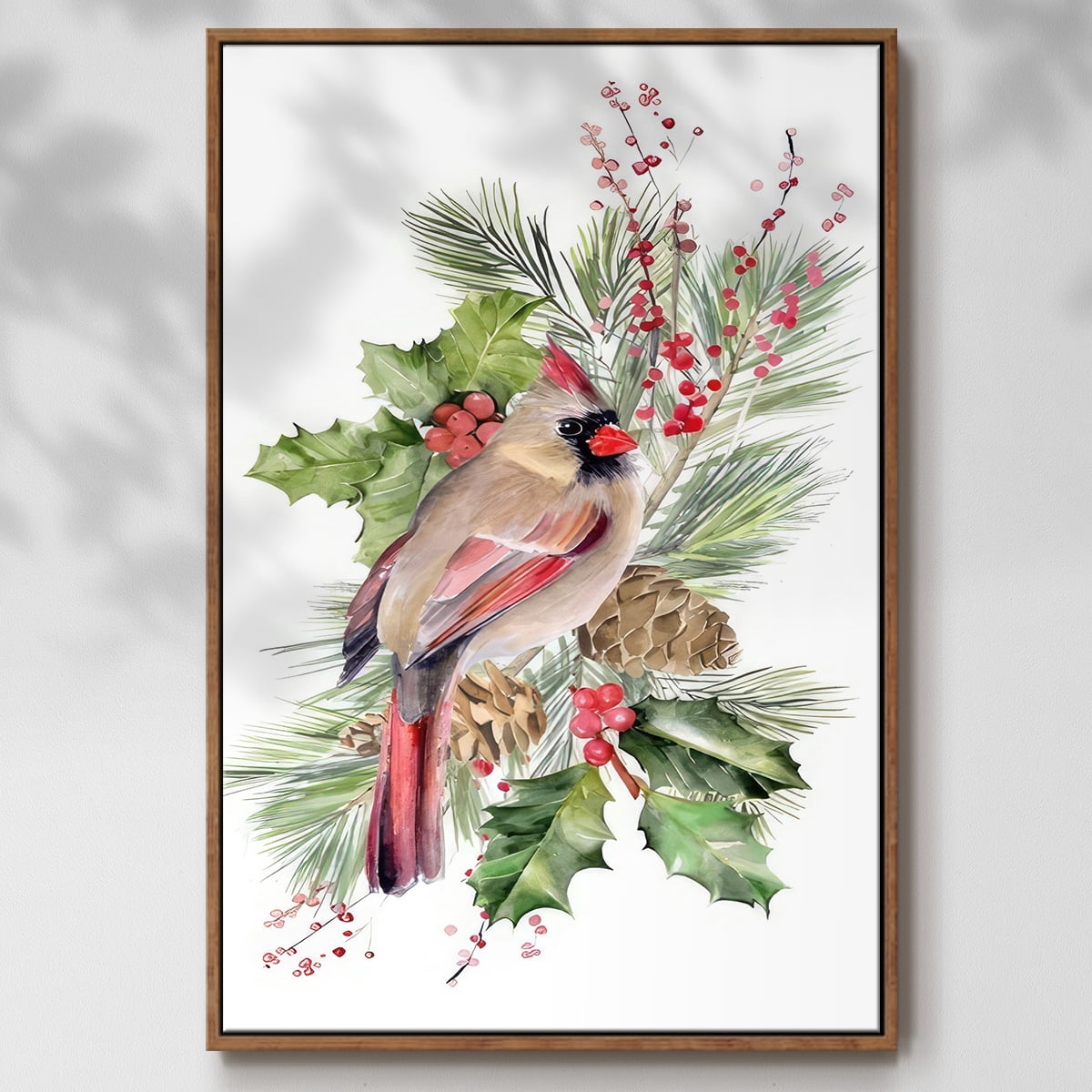 Cardinal Holly Christmas Collection B - Framed Gallery Wrapped Holiday Canvas - 17 x 25 - Rosewood Frame